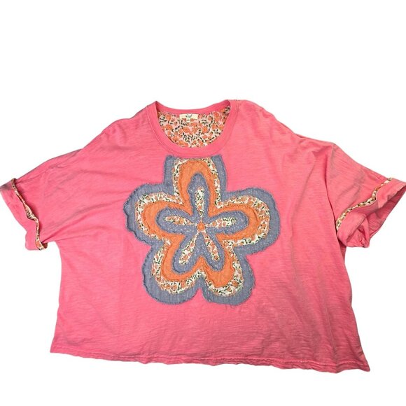 easel Tops - Easel Shirt Womens Medium Pink Floral Applique Oversized Short Sleeve Boho Tee